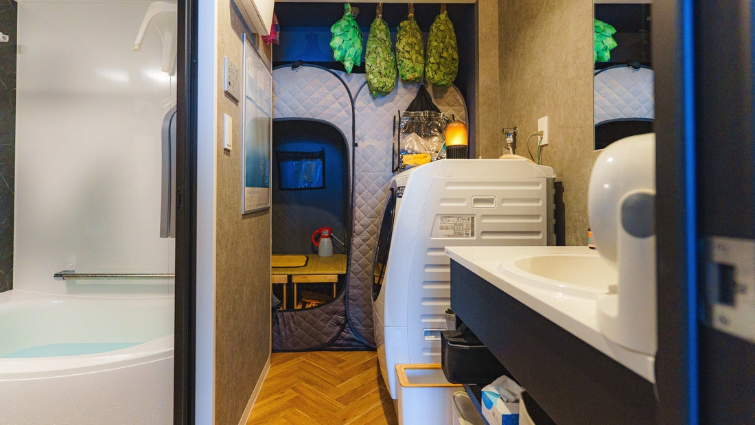 自宅サウナ導入事例：家庭用電気サウナ IRORI を脱衣所に設置したリノベーション。浴室前にサウナを置くことで生活導線が整い、毎日ロウリュを楽しめる暮らし。